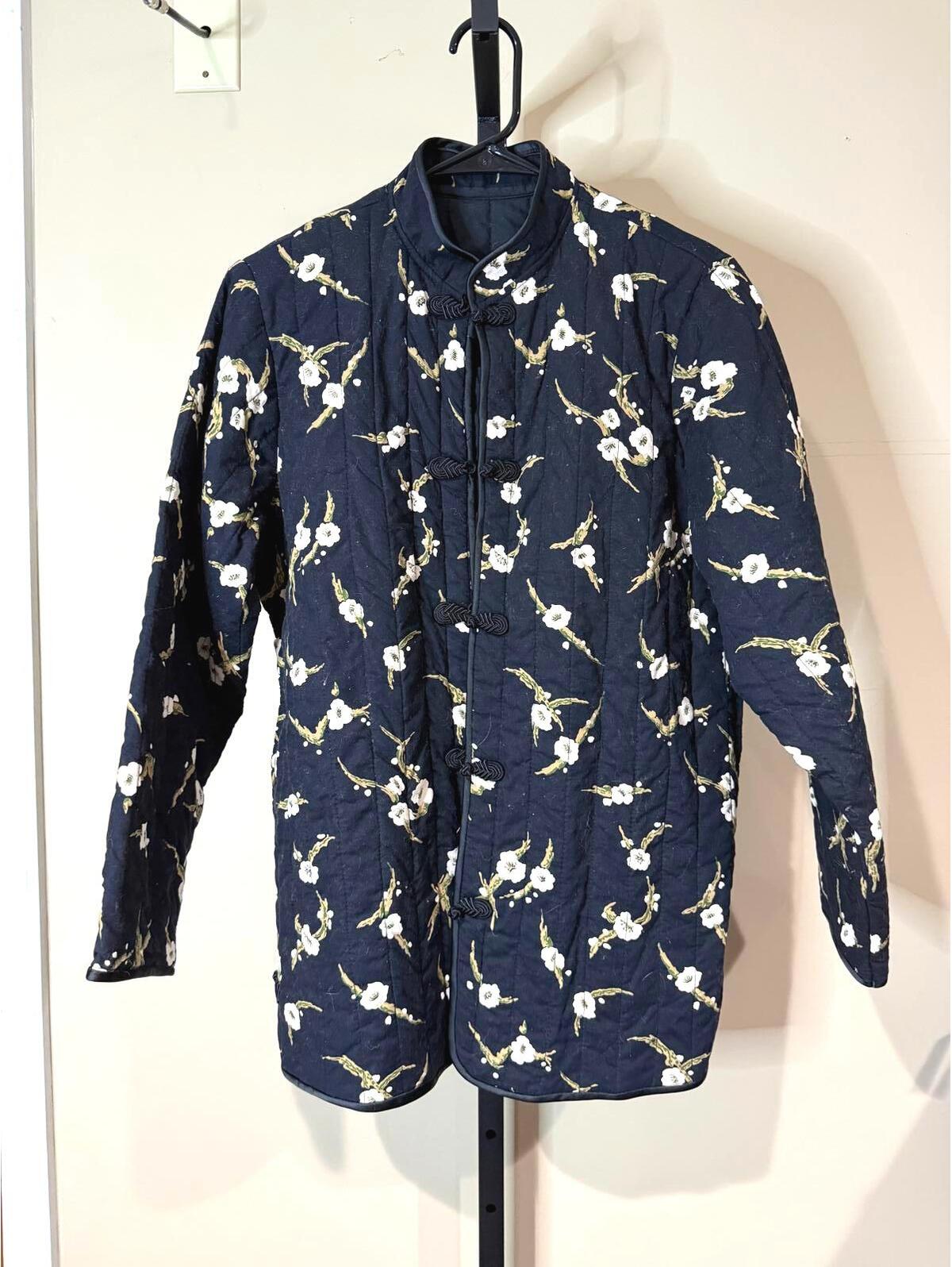 Women's Black Quilted Floral Jacket With Mandarin Collar